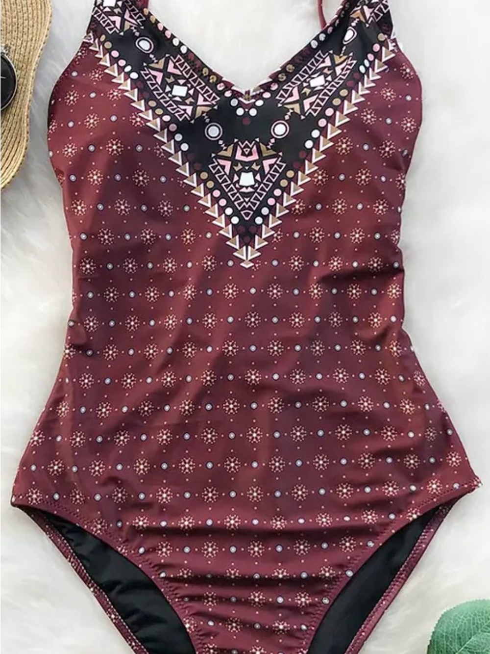 Cupshe One Piece Swimsuit Women’s Medium Burgundy Tribal Print Lace Up Back Boho
